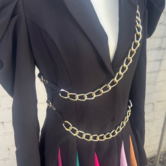 L'ATISTE by Amy Black Coat Dress Rainbow Pleated Skirt Gold Chains Size S - Picture 13 of 16